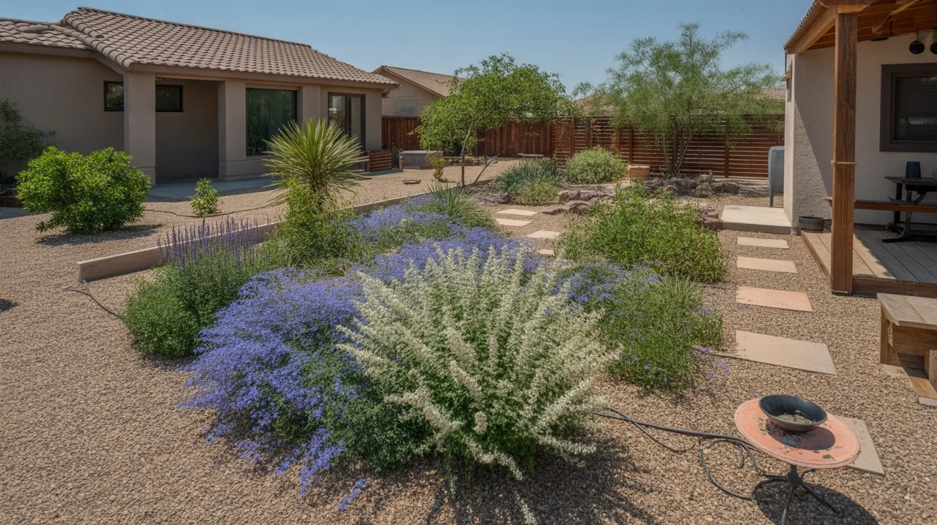 Vibrant blue salvia, white gaura, and purple lavender blooming in a Queen Creek summer garden