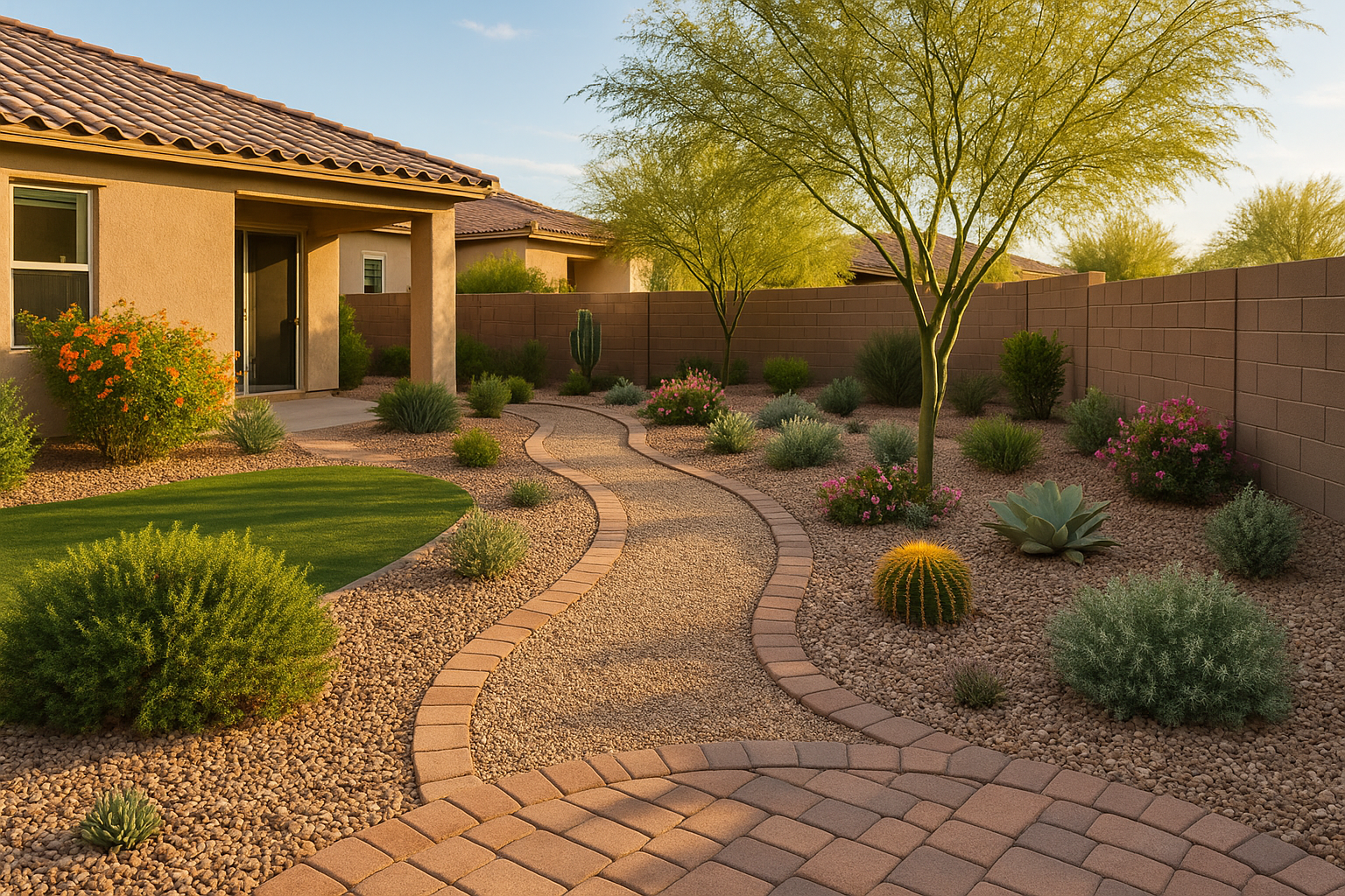 A beautifully designed gravel pathway winding through a home's yard in Gilbert