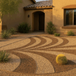 A beautiful front yard in Gilbert showcasing creative gravel patterns