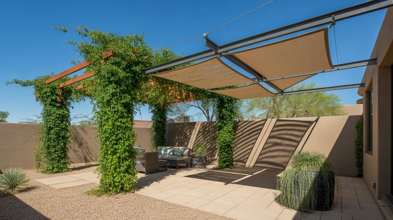Backyard shade structure with geometric panels and climbing vines in Gilbert, Arizona