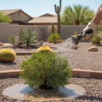 A person deep watering plants in a Southeast Valley yard to flush salts from the soil