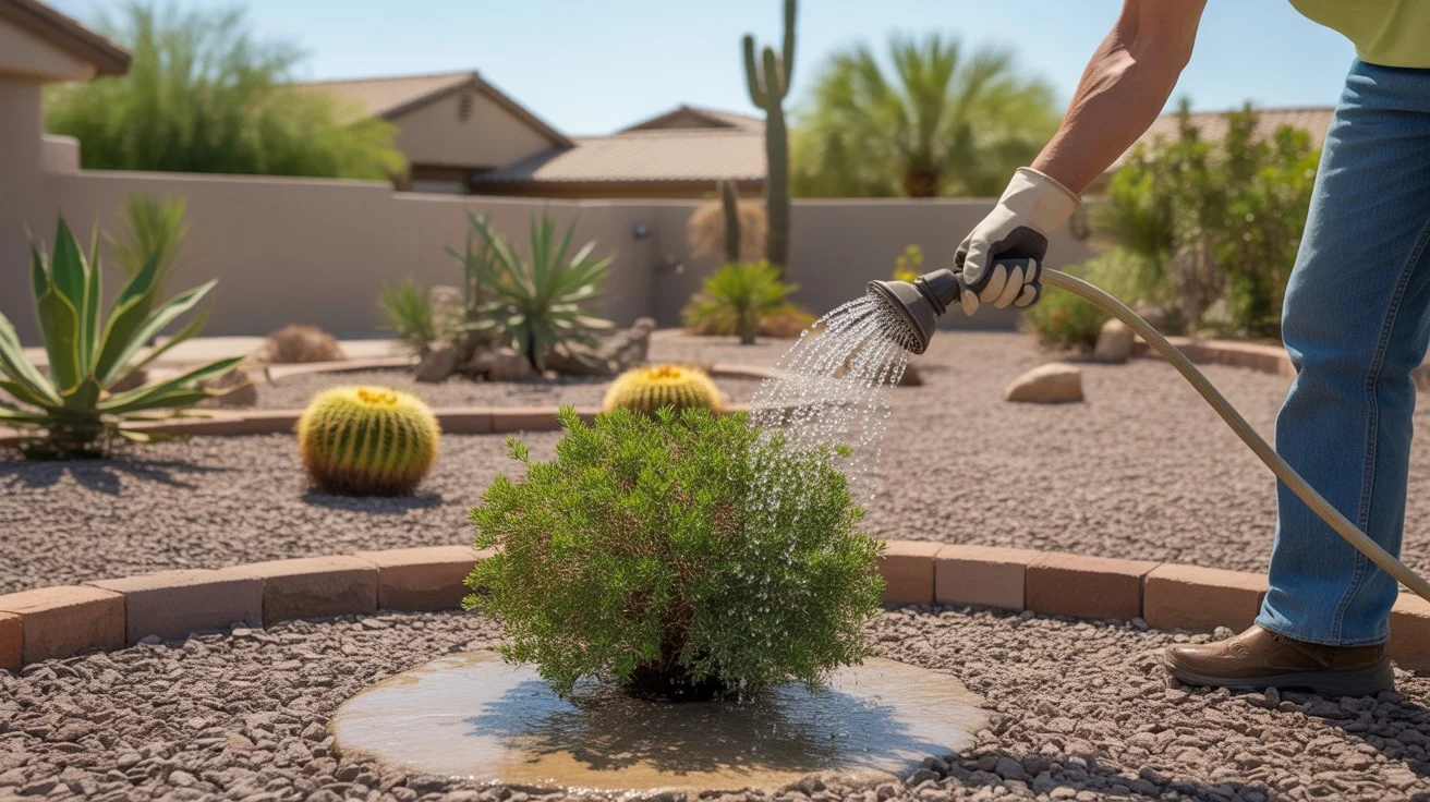 A person deep watering plants in a Southeast Valley yard to flush salts from the soil
