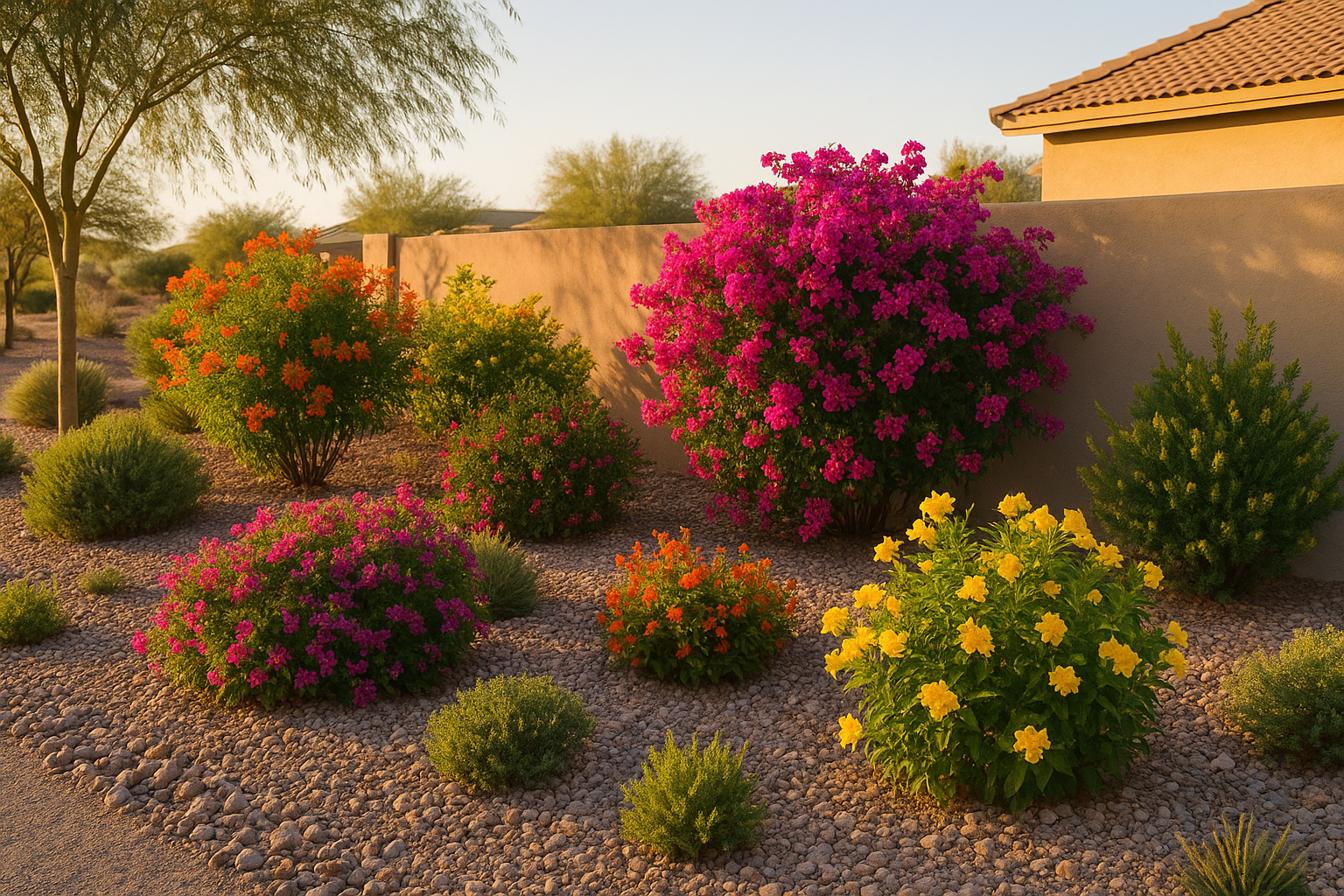 A beautiful Gilbert garden filled with colorful, desert-friendly shrubs