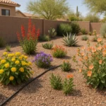 Vibrant desert-friendly flowers blooming in a Southeast Valley garden with drip irrigation system visible
