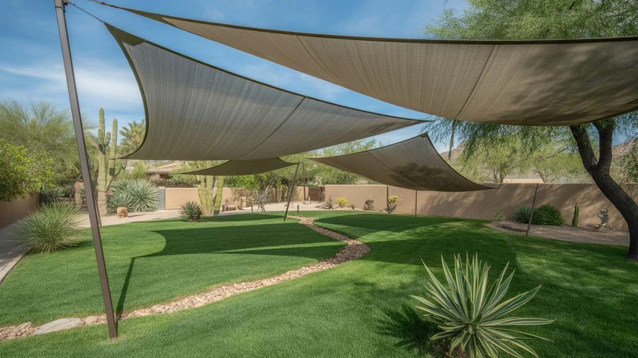 Desert grasses thriving under shade sails in a Southeast Valley backyard