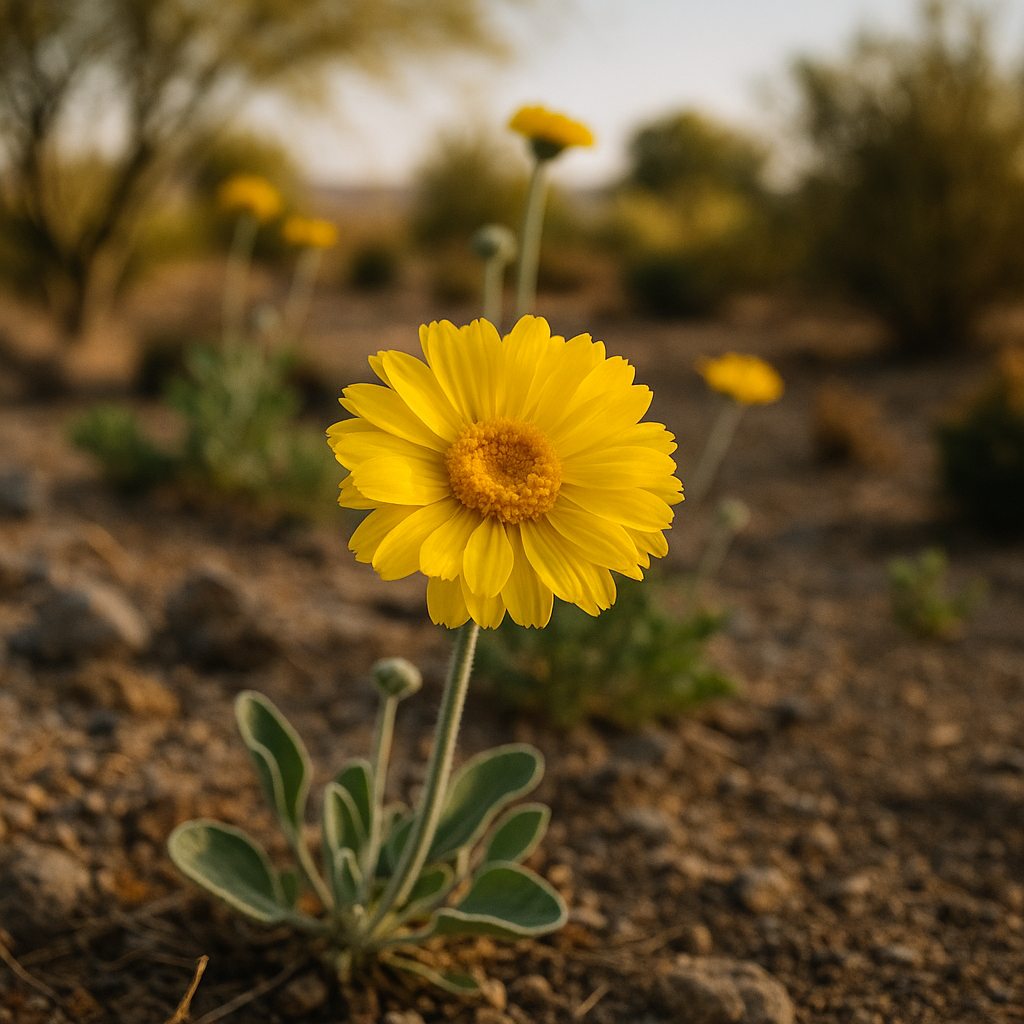 Bright yellow Desert Marigold blooming in Gilbert desert soil