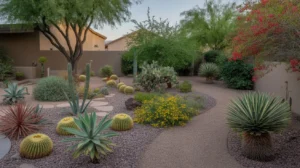Desert plants arranged in a colorful, water-wise landscape in a Gilbert backyard