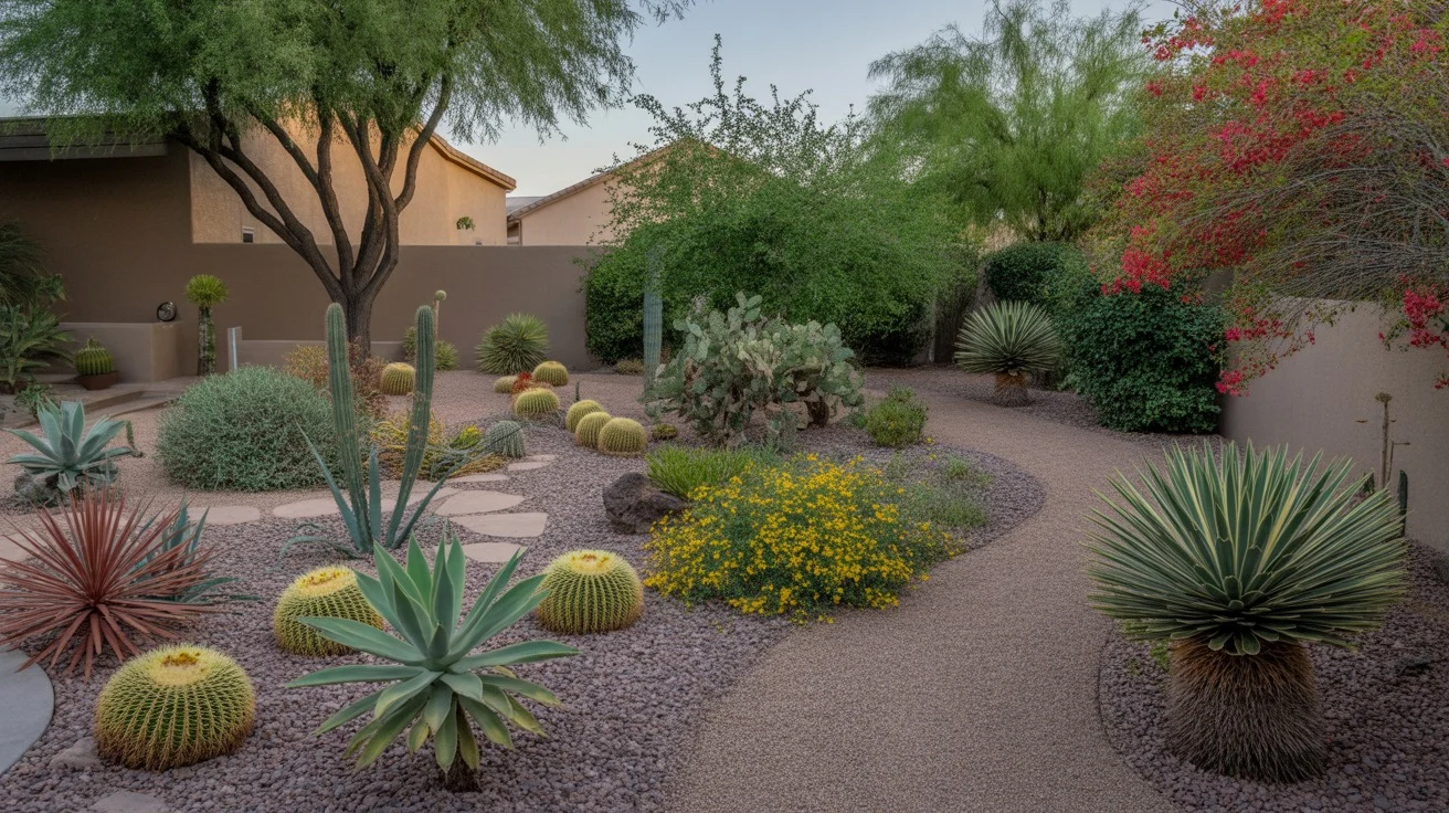 Desert plants arranged in a colorful, water-wise landscape in a Gilbert backyard
