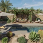 Refreshing desert poolside landscaping in Queen Creek with native plants, shade structures, and seating areas