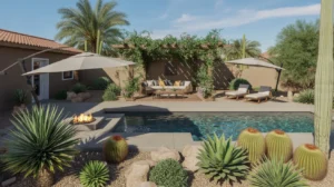 Refreshing desert poolside landscaping in Queen Creek with native plants, shade structures, and seating areas