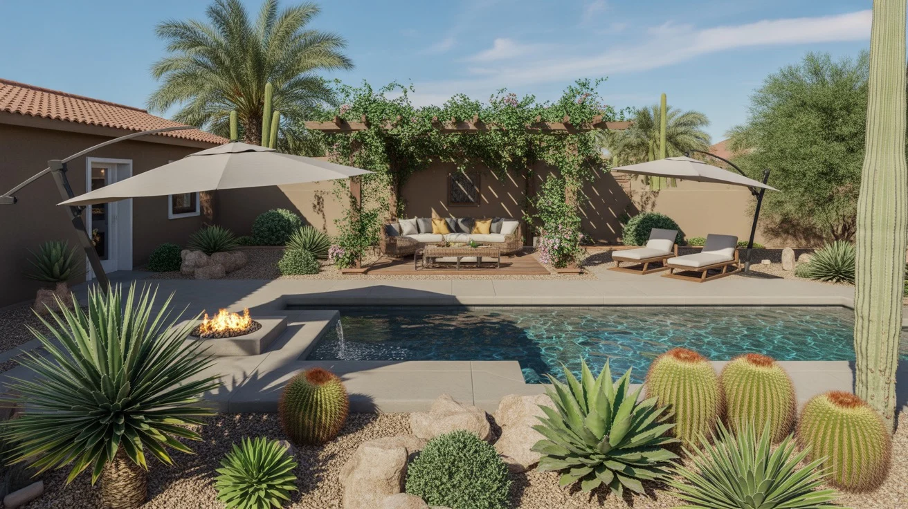 Refreshing desert poolside landscaping in Queen Creek with native plants, shade structures, and seating areas