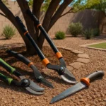 Pruning tools for desert trees in Gilbert, including bypass pruners, lopping shears, and a pruning saw