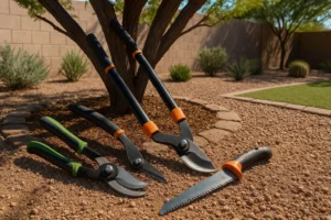 Pruning tools for desert trees in Gilbert, including bypass pruners, lopping shears, and a pruning saw