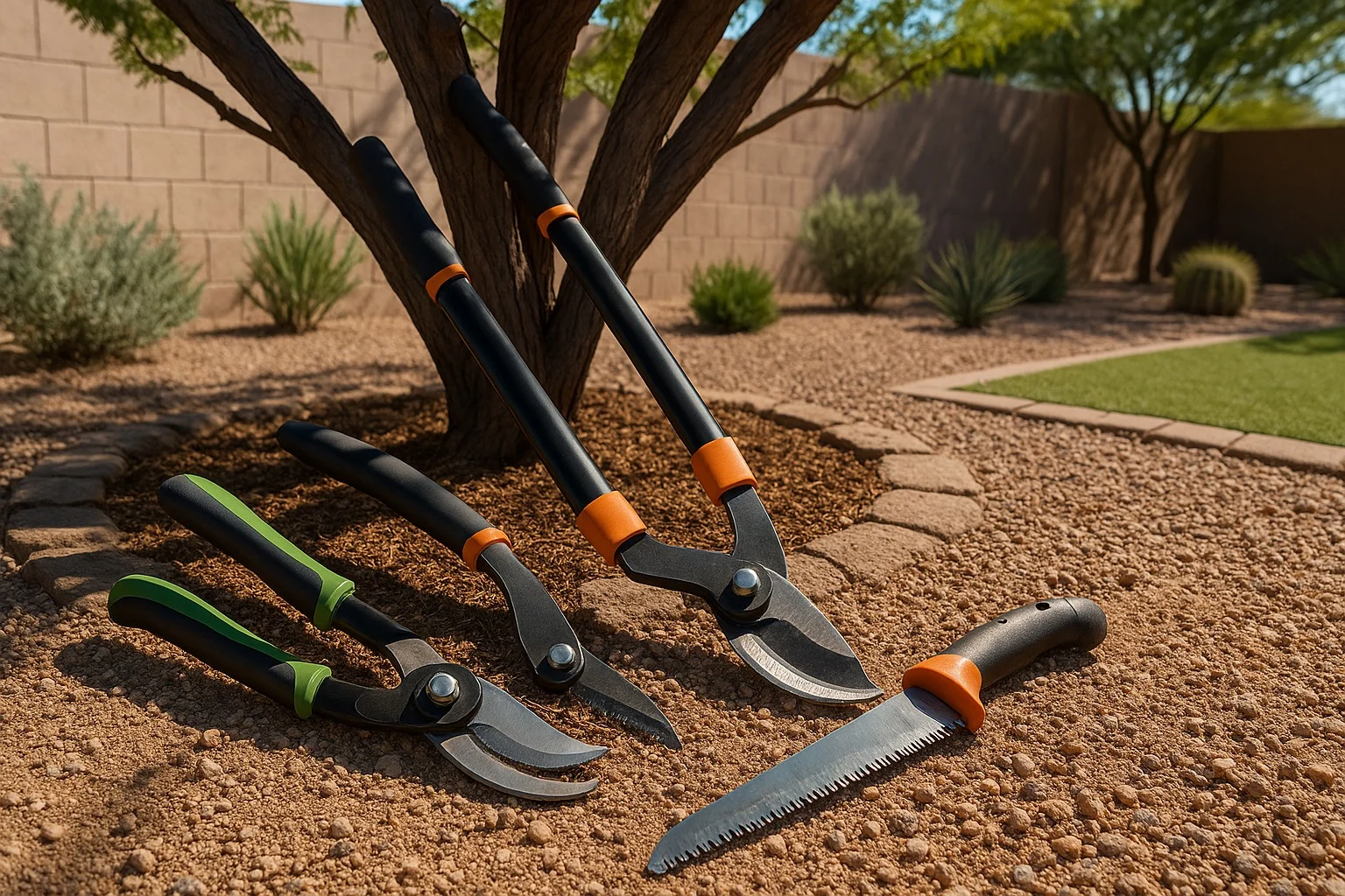 Pruning tools for desert trees in Gilbert, including bypass pruners, lopping shears, and a pruning saw