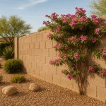 Desert vines blooming on a block wall