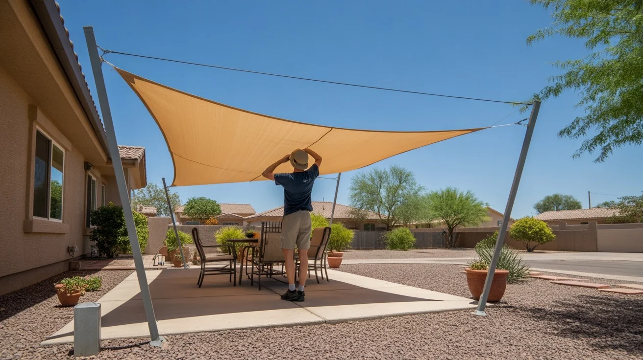 Person installing a triangular sun sail over a patio in a Southeast Valley backyard