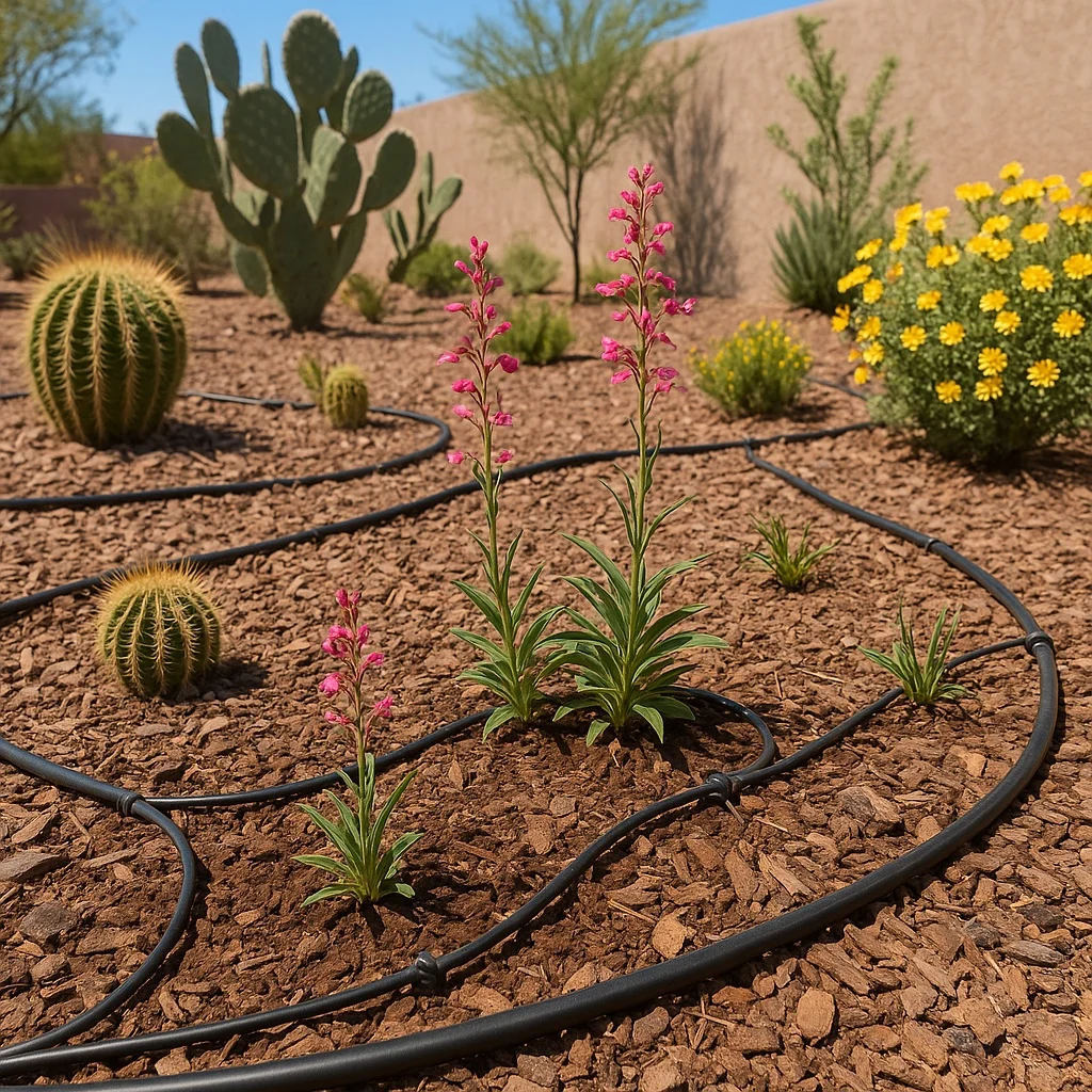 Drip irrigation system with emitters placed near plant roots in a Gilbert yard
