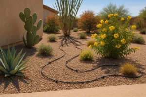Drip irrigation line with emitters in a Gilbert yard