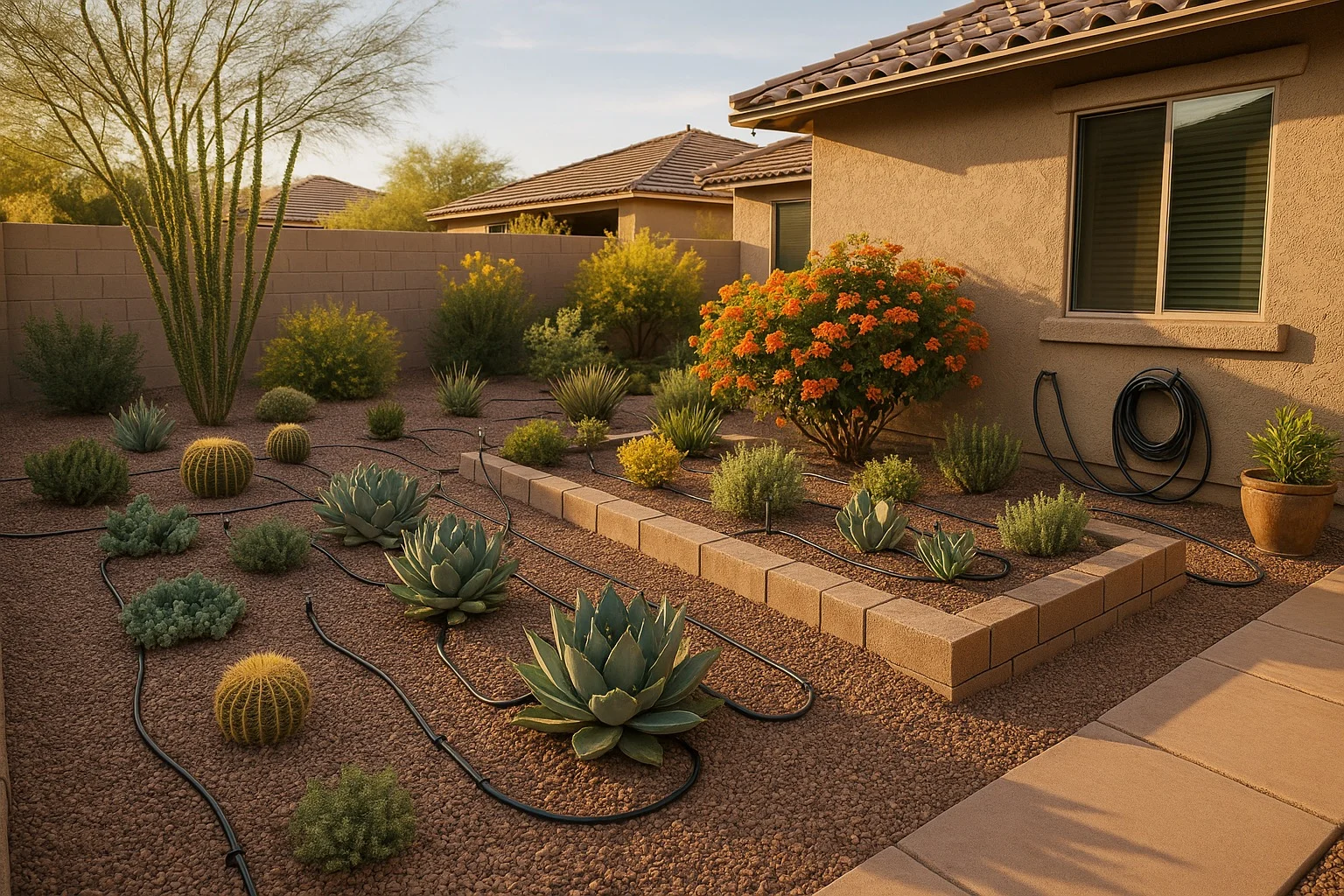 Garden with a well-planned drip irrigation system in Gilbert, Arizona