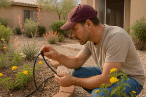 A gardener examining a drip system in a Gilbert garden