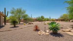 A drought-tolerant yard in Mesa with gravel, agave, and palo verde trees