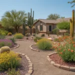 A lush, colorful drought-tolerant front yard in Gilbert with native plants and gravel pathways