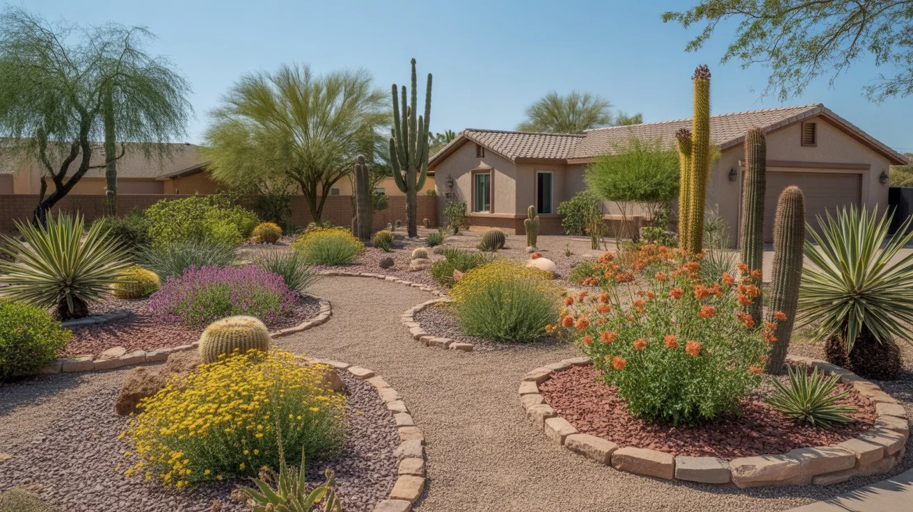A lush, colorful drought-tolerant front yard in Gilbert with native plants and gravel pathways
