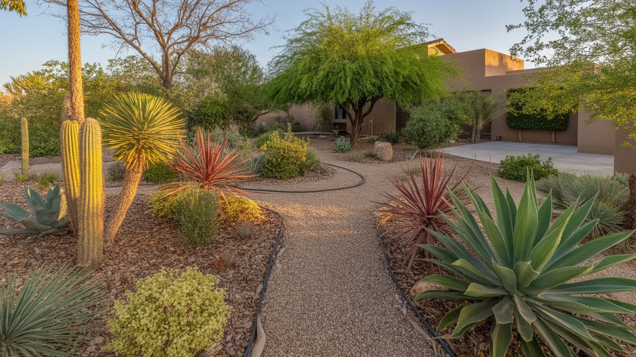 A lush drought-tolerant yard in Gilbert with native plants and efficient drip irrigation