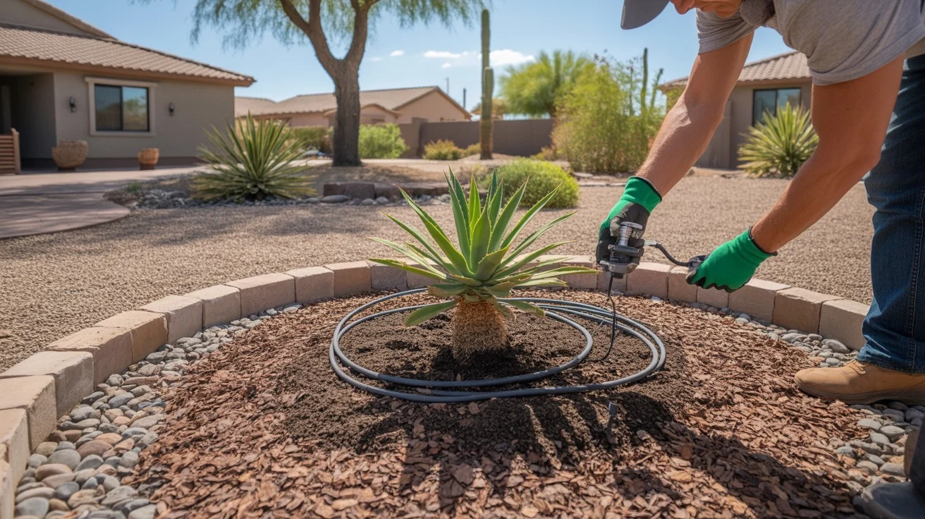 Strategies for improving dry soil in a Chandler yard, including drip irrigation, mulch, and drought-tolerant plants