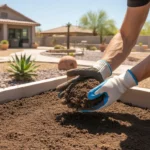 Gloved hands amending dry soil with compost in a Mesa yard