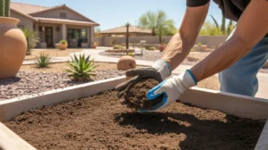 Gloved hands amending dry soil with compost in a Mesa yard