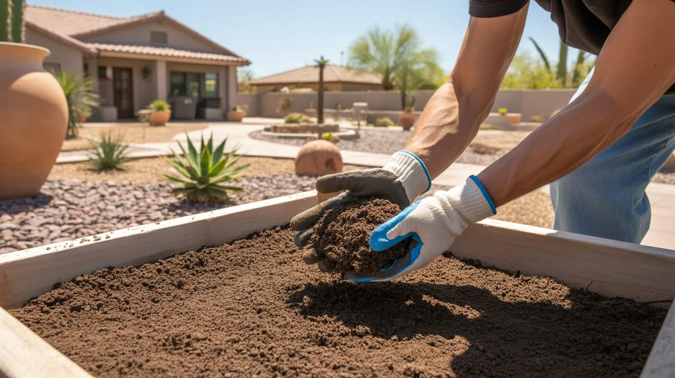 Gloved hands amending dry soil with compost in a Mesa yard