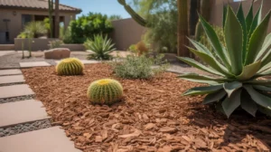 Evenly spread organic mulch in a Gilbert backyard garden bed.