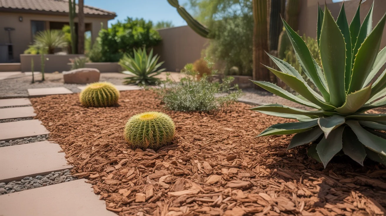 Evenly spread organic mulch in a Gilbert backyard garden bed.