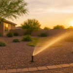 A sprinkler watering a Gilbert yard in the evening
