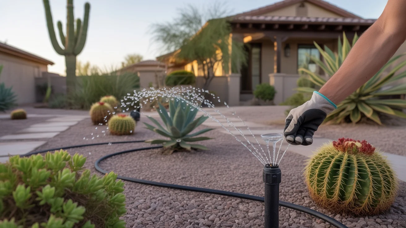 A Gilbert yard being watered efficiently in the evening with a drip irrigation system