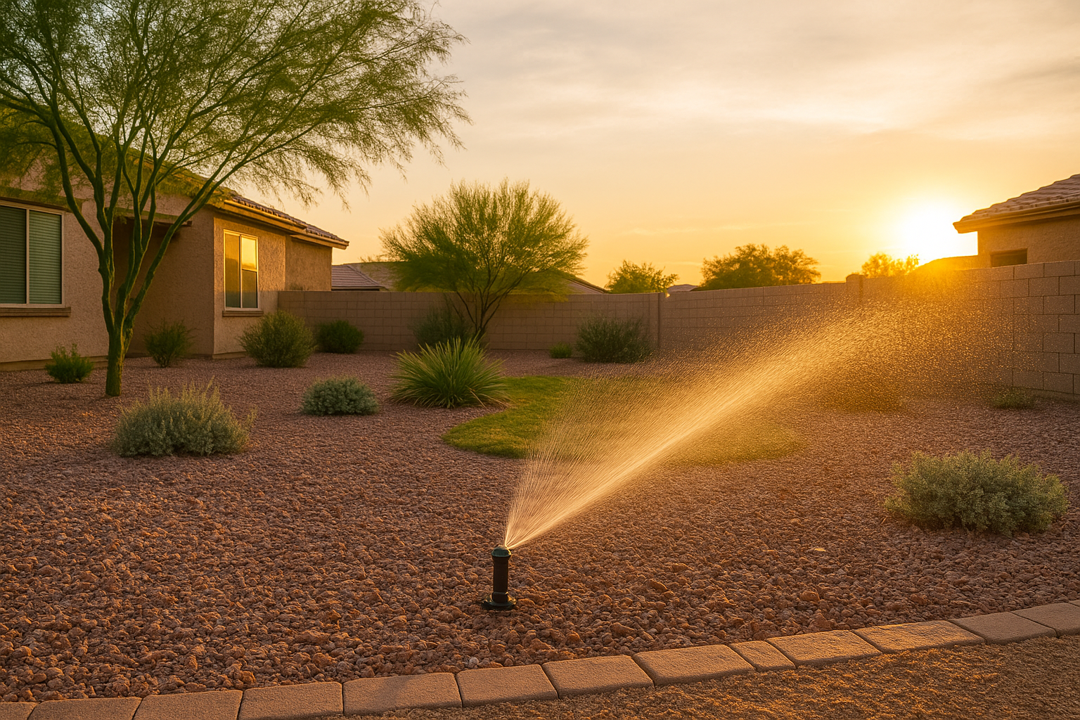 A sprinkler watering a Gilbert yard in the evening