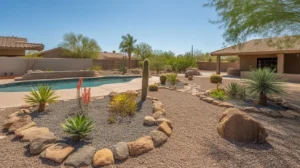 A fire-resistant poolside landscape in Mesa with succulents, gravel, and stone features