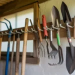 A well-organized garden tool storage rack in a Gilbert shed, with tools hanging neatly on hooks.