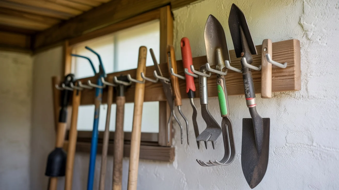 A well-organized garden tool storage rack in a Gilbert shed, with tools hanging neatly on hooks.