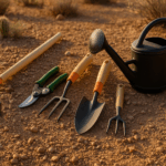 Collection of essential garden tools for desert soil