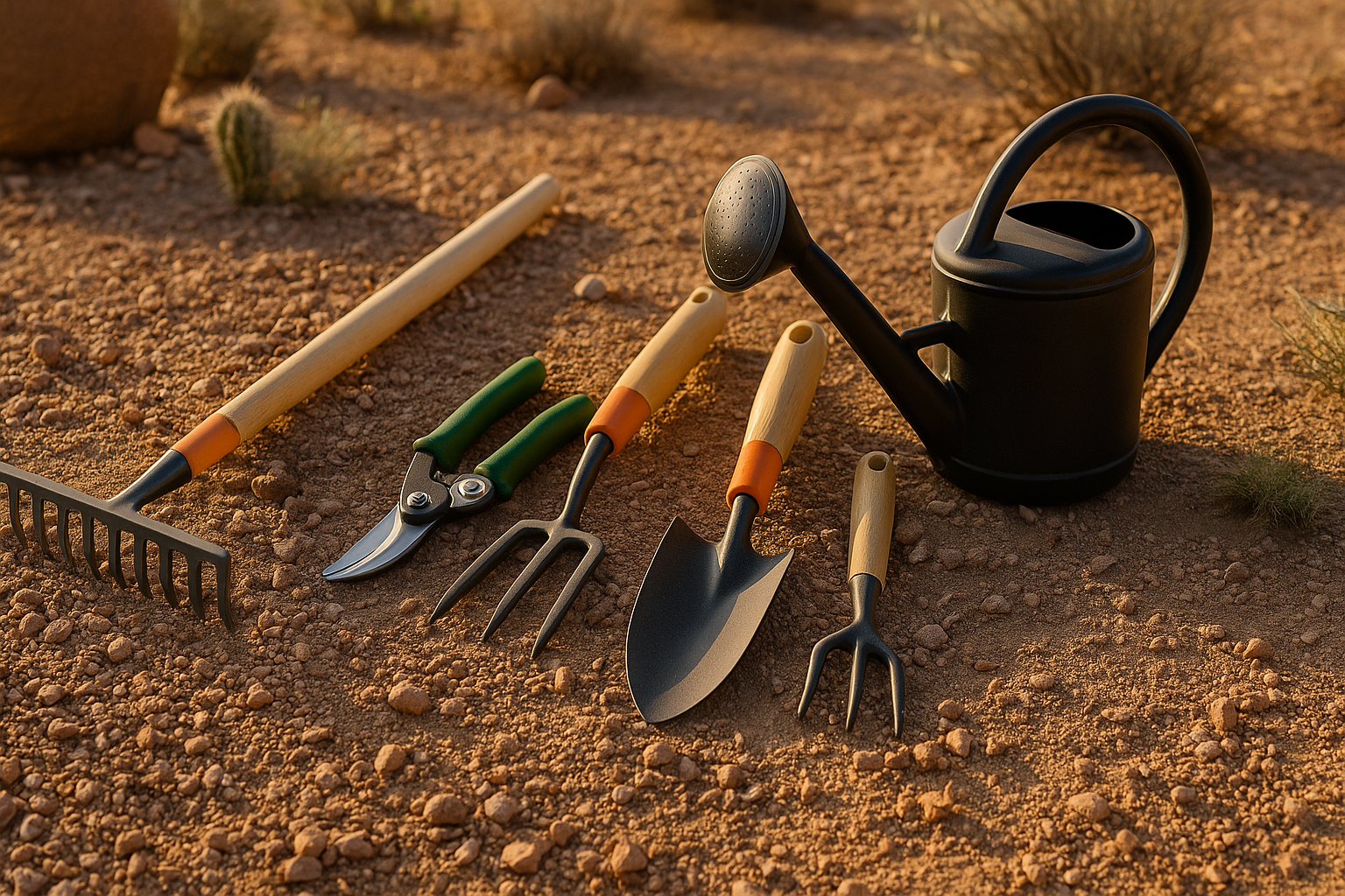 Collection of essential garden tools for desert soil