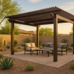 Modern pergola providing shade over a Gilbert backyard patio with comfortable seating and desert landscaping