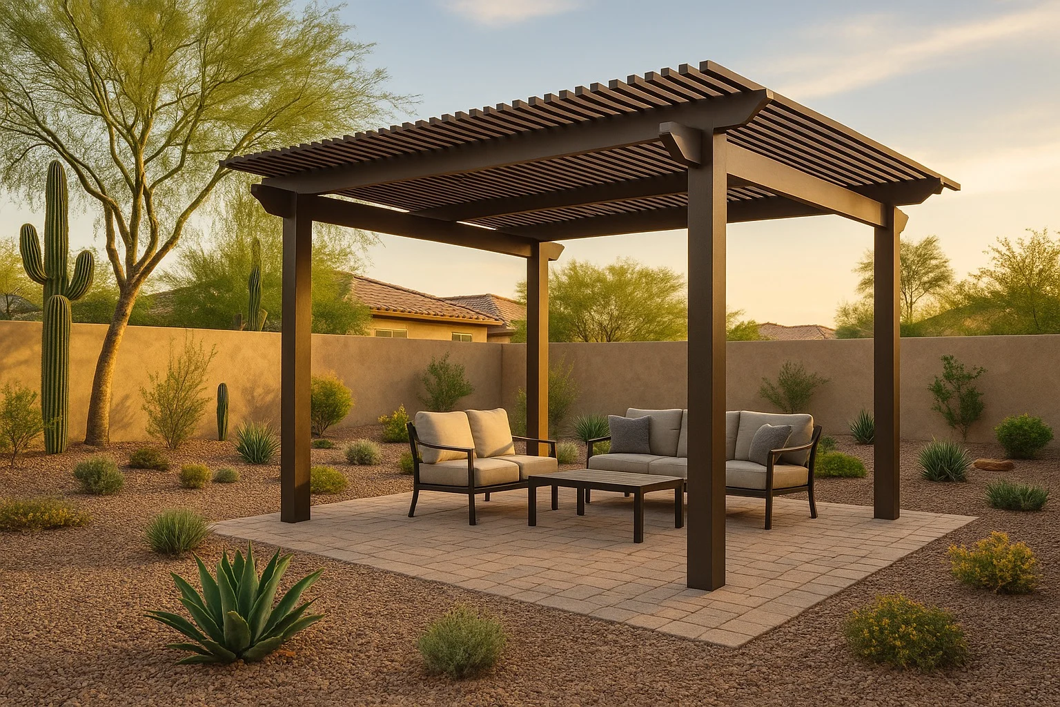 Modern pergola providing shade over a Gilbert backyard patio with comfortable seating and desert landscaping