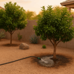 Citrus trees being watered in a Gilbert backyard
