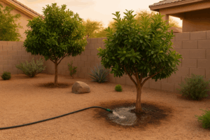 Citrus trees being watered in a Gilbert backyard