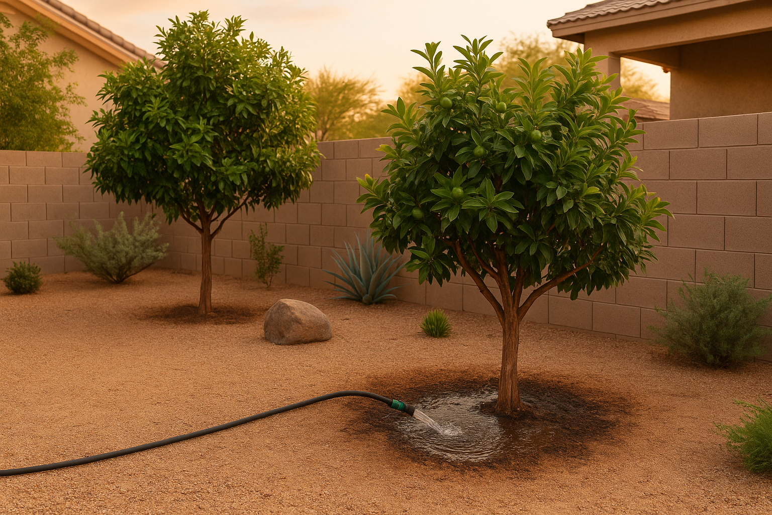 Citrus trees being watered in a Gilbert backyard