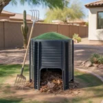 Compost bin set up in a shady backyard corner in Gilbert, AZ