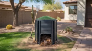 Compost bin set up in a shady backyard corner in Gilbert, AZ