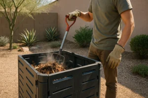 A person fixing their overheated compost pile in Gilbert